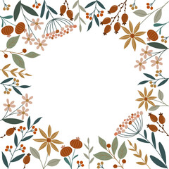 Quadratische Vorlage mit einem Rahmen aus hübschen Blumen. Freier Platz für Text. Geeignet für Einladungen, Glückwünsche, Grüße, Werbung und Soziale Medien.