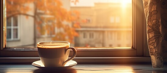 Dirty window with setting sun rays reflecting on cup on sill