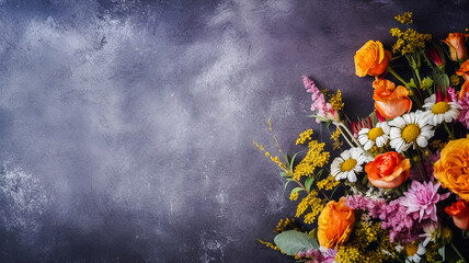 Fleurs de printemps disposées sur un fond gris pour carte, bannière ou invitation