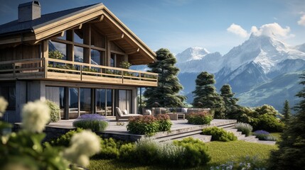 Fototapeta na wymiar a traditional Swiss chalet, with wooden balconies, flower boxes, and the backdrop of a serene alpine meadow, evoking a sense of coziness