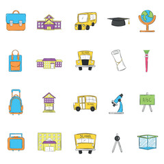Set of colored school supplies sketch icons Vector illustration
