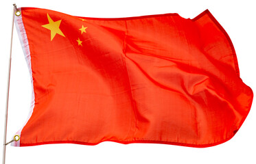Red flag of China with five golden stars symbolizing Communist Revolution and unity of Chinese people under leadership of CCP waving on flagpole in wind. Isolated over white background