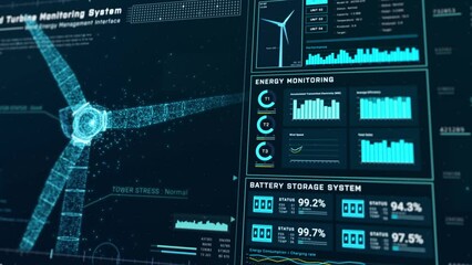 Futuristic wind turbine energy control center interface design, digital data network battery management system, green renewable power technology software, engineering iot HUD information 3d rendering - Powered by Adobe