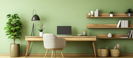 Modern living room with green walls has study space and home office featuring computer on a wooden desk.