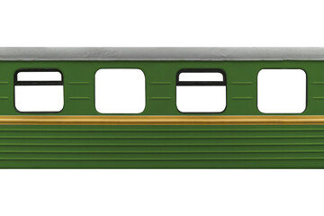 Textured body of an green passenger rail car with yellow line is isolated on transparent background.