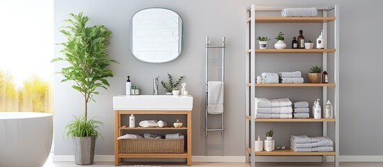 Indoor bathroom shelving with toiletries near a light-colored wall.