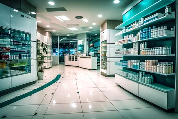 Photo sur Aluminium Pharmacie Produits sur les étagères d'un magasin, intérieur d'un commerce