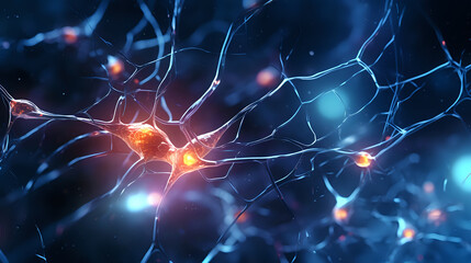neural connections, neurons in the brain, nerve cells and signals between them, connections between neurons close-up