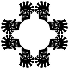 Geometrical ethnic ornament or frame with human heads. Native American design of Nazca Indians from ancient Peru. Black and white silhouette.