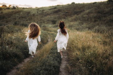 Two girls in a white dress run on the grass at sunset. Beautiful teenage girls with long hair walk in the meadow in summer. Carefree childhood