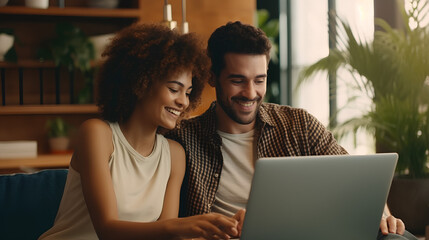 Young smart couple business owners and partners architectural exterior interior designers working from home on laptop computer with blueprint and colors for new client on decoration his new apartment