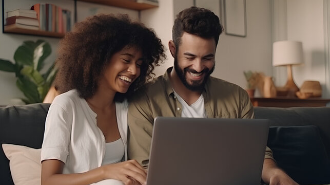 Young smart couple business owners and partners architectural exterior interior designers working from home on laptop computer with blueprint and colors for new client on decoration his new apartment