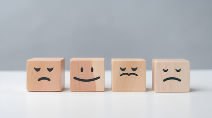Emoji symbols denoting happiness and unhappiness  displayed on wooden cube blocks against a blurred backdrop.
