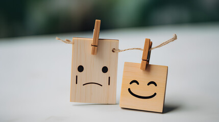 Emoji symbols denoting happiness and unhappiness  displayed on wooden cube blocks against a blurred backdrop.