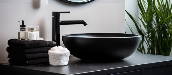 Bathroom close-up: mirror, black faucet, dark towels
