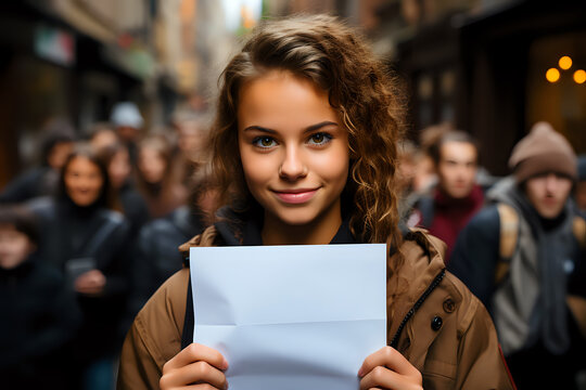 a student stands with a white blank sheet of paper in her hands against the backdrop of protesters, a girl with demands goes on strike for her rights, copy space