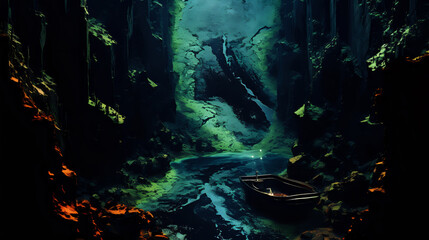 Obraz premium Mystical Cave Rowboat Journey