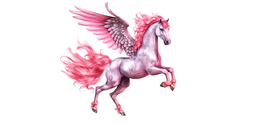 Obraz premium Enchanted Pink Pegasus Horse, Whimsical Fantasy Illustration on White Background for Art, Posters and Print. 