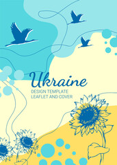 Fototapeta na wymiar Abstract background template with sunflowers and cranes. Thematic cover design in the colors of the flag of Ukraine for brochures, flyers, presentations, leaflets, magazines, stories.