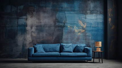 sofa de color azul oscuro elegante  junto a mesa y lampara metálicas doradas  en salón sobre fondo de pared en color gris oscuro y azul