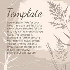 Abstract template background with floral sketch herb and ripped torn paper texture in neutral. Editable vector for social media post, card, cover, banner, invitation, poster, mobile apps