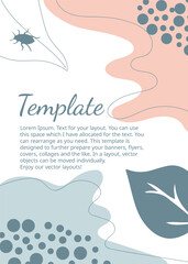 Leaves and bug. Cute template with copy space. Abstract nature template with plants and insects. Modern design for card, brochures, flyers, presentations, leaflet, magazine, stories.