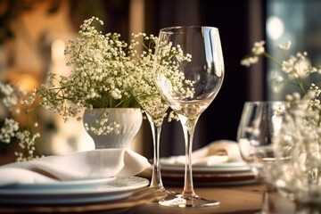 Elegant table setting with flowers and cutlery in restaurant