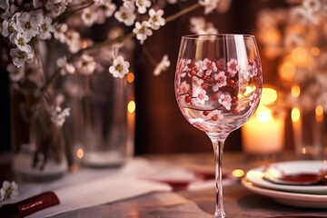 Wine glass with cherry blossom on table in restaurant. Selective focus