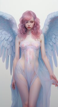 A beautiful innocent tender girl angel an archangel in silk clothes meets at the entrance to heaven