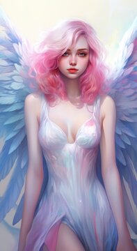 A beautiful innocent tender girl angel an archangel in silk clothes meets at the entrance to heaven