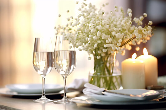 Beautiful table setting with lily-of-the-valley flowers