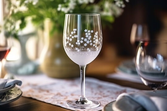 Wine glass with snowflakes on a table in a restaurant