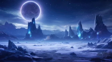 Foto op Canvas Illustrate an icy and alien planet with towering ice spires, frozen lakes, and an alien sky filled with unfamiliar constellations game art © Damian Sobczyk