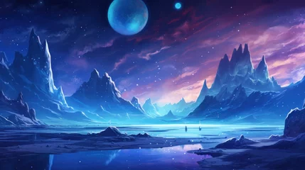 Papier Peint photo Univers Illustrate an icy and alien planet with towering ice spires, frozen lakes, and an alien sky filled with unfamiliar constellations game art