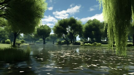 a tranquil pond surrounded by weeping willow trees, their graceful branches dipping into the water, creating a peaceful, reflective scene