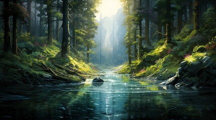 a tranquil river winding through a dense forest, with ancient trees, vibrant ferns, and the sense of timelessness in the heart of the wilderness