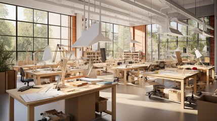 a university's architecture studio, highlighting the drafting tables and ergonomic task chairs