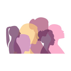 Silhouettes of women of different nationalities standing side by side.Vector illustration.