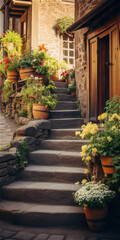 Italian street of the old town with stone stairs and flowerpots with plants, created with Generative AI Technology.