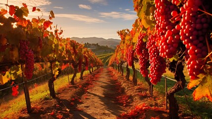 a vineyard in the fall, with grapevines displaying vibrant shades of red and gold, ready for the...