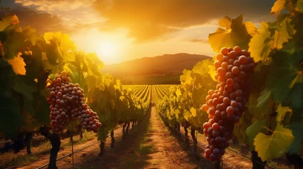 Foto op Plexiglas a vineyard in the golden hour, with rows of grapevines heavy with plump grapes, ready for the upcoming harvest season © ra0