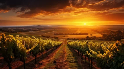 Photo sur Plexiglas Vignoble a vineyard at sunset, with rows of grapevines stretching towards the horizon, the sun casting a warm golden glow on the landscape