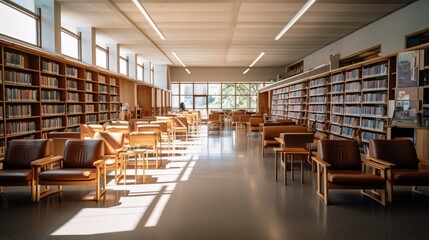 a well-lit university library reading area with rows of bookshelves and comfortable study chairs