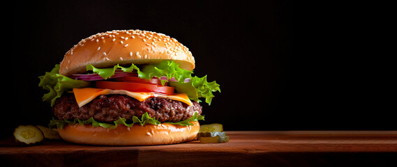 delicious hamburger on wooden board on a black background. vegan hamburger, vegetarian. copy space