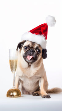 vertical image of funny french bull dog with christmas hat and christmas ornaments. champagne glass. white background.