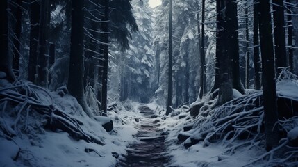 a winter forest trail, with a winding path through tall trees, and a layer of untouched snow inviting hikers to explore the wilderness