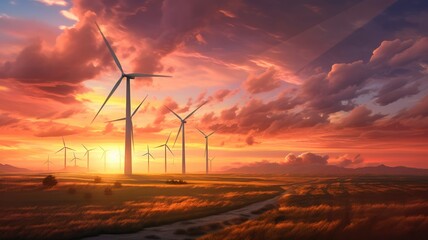 Wind turbines spinning gracefully against a vibrant sunset, illustrating the conversion of wind energy into electricity - obrazy, fototapety, plakaty