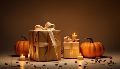 October and Halloween theme present boxes with orange pumpkin and romantic candle lights on wooden table, Generative Ai