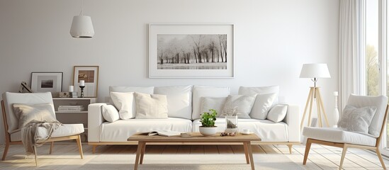 Scandinavian interior design featuring a white sofa in the living room.