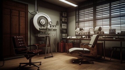 an ophthalmologist's examination room with an adjustable examination chair and eye examination equipment